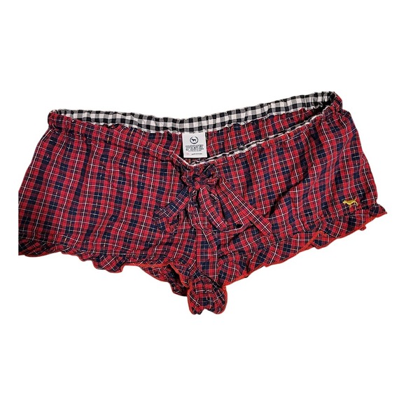 PINK Victoria's Secret Plaid Ruffle Pajama Shorts Lounge Sleepwear Red - Picture 1 of 6